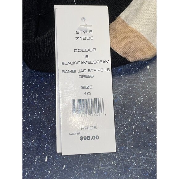 French Connection Sweater Dress Black Tan Stripe 3/4 Sleeve Knit Sheath Sz 14 - Picture 6 of 11